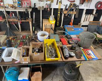 PLIERS, SOCKETS, WRENCHES, WIRE STRIPPERS, CHISELS, MIRRORS, HAMMERS, SAWS, CLAMPS, PAIL, SAW BLADES, LEVEL VICE, SHIMS, COOLER, SO MUCH MORE