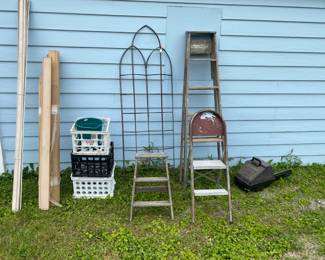 LADDERS, CHAIN SAW, CRATES, WOOD TRIM, STEEL ROSE GARDEN TRESSEL, AND MORE