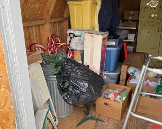 CHRISTMAS ORNAMENTS, DECORATIONS, BLANKETS(new), WALKER, NATIVITY SCENE TRASH CAN, ROOFING PAPER, TARP, STOOL AND MORE