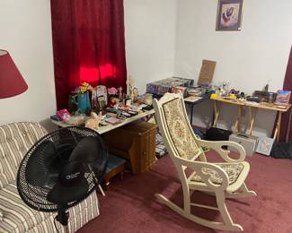 VINTAGE ROCKING CHAIR BOTTOM OF SEAT NEEDS FIXED, LAMP, ROCKING CHAIR, CD'S, TAPES, STOOL, SAFE'S, CANES, PURSE, ANGELS, CROSS, WALL PICTURE AND MORE