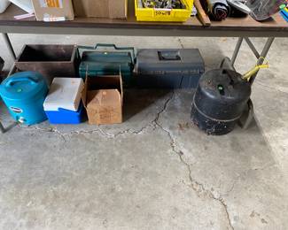 TOOL BOXES, JUG, LUNCH BOXES, GAS CAN, WINCHESTER ANTIQWUE AMMO CRATE