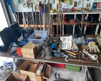 OIL FUNNEL, COMPUTER SCREEN, GLOVES, EXTESION CORDS, OLD NEWS PAPERS, AND MORE