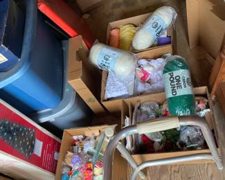 ARTS AND CRAFTS BULK ITEMS SOLD BY THE BOX, YARN, CHRISMAS TREES, CARD TABLE, ORNAMENTS, ASND MORE