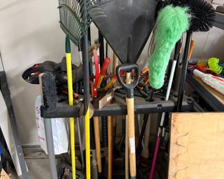 Misc garden tools, brooms, rakes