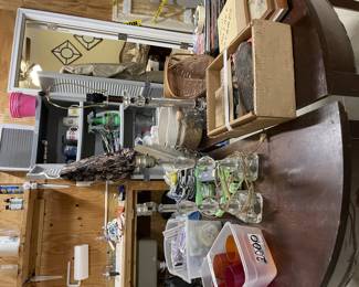 Half round tables with sewing items and miscellaneous 