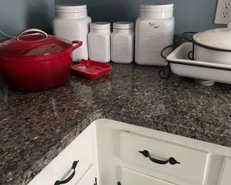 Canister set with trivet and Le Creuset Dutch oven