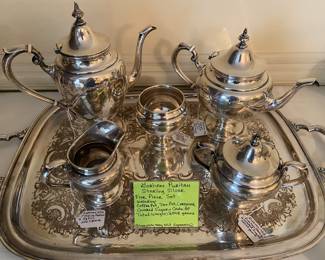 Gorham Puritan Sterling Silver five piece set: coffee pot, tea pot, creamer, covered sugar, and cache pot. Total weight is 2048 grams (silver plate tray sold separately)