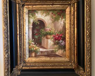 Lovely oil on canvas in heavy ornate frame 18” tall x 17” wide