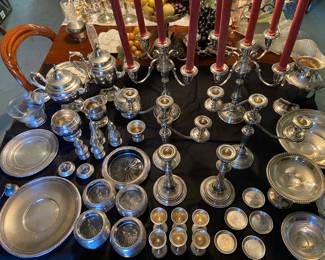 Sterling silver! A pair of 5 light Gorham #987 candelabra, a pair of 3 light Gorham #808-1 candleabra, a pair of candlesticks, several plates and serving pieces. Details coming soon!