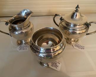 Gorham Puritan Sterling covered sugar 453 320.38 grams, creamer 454 232.0 grams, cache pot 455 220.03 grams, part of a 5-piece coffee and tea service ( total weight 2048 grams)