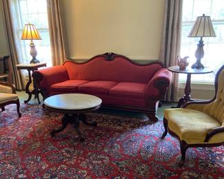 Victorian sofa and chairs, marble top oval coffee table