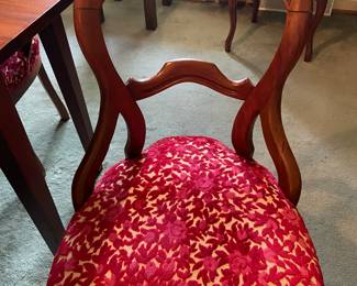 Victorian Balloon Back dining chair with red brocade velvet fabric, set of four