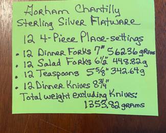 Gorham Chantilly sterling silver flatware 12 4-piece place-settings, total weight excluding knives is 1353.82 grams