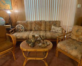 Vintage rattan furniture, brass decor items