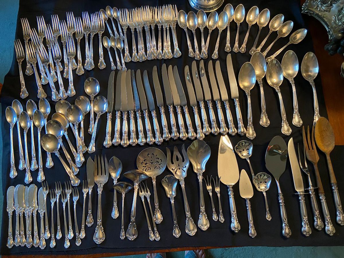 Gorham Chantilly sterling silver flatware, 12 four-piece place-settings, 67 other pieces sold separately, details coming soon!