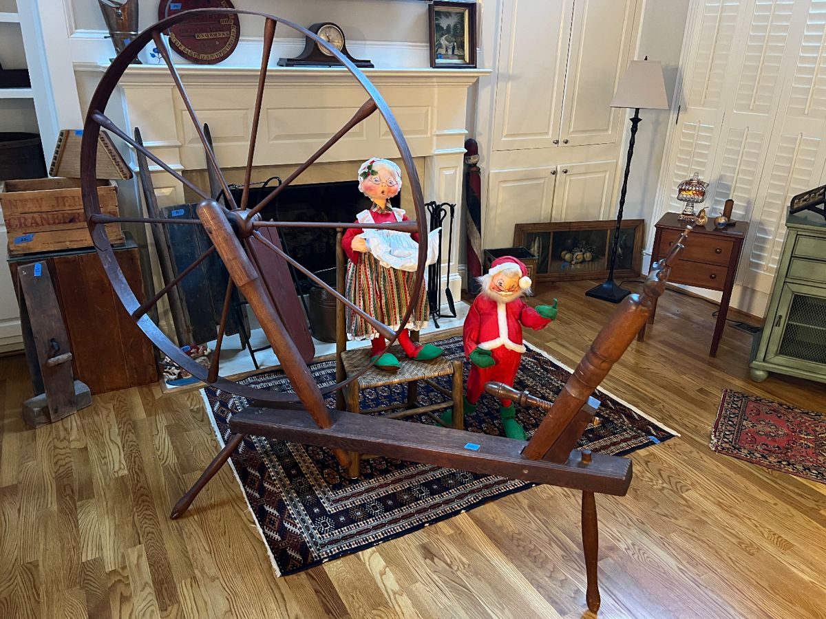 Antique spinning wheel from New England, primitives, rugs