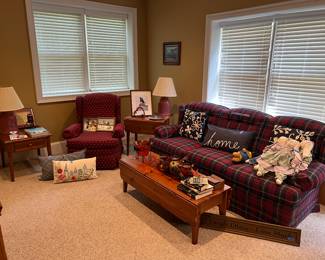 Drop leaf pine tables, sofa, chair, pair of lamps, misc