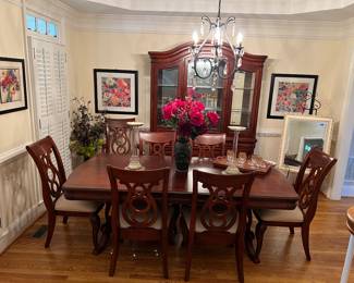 Dining table, 2 leaves, 8 chairs, china cabinet