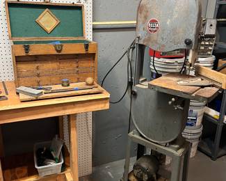 Antique wooden tool box, collectible Delta band saw, complete