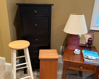 Pine side table, cabinet, lingerie chest, stool, lamps, misc