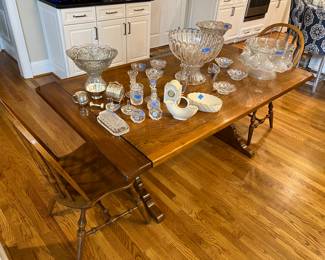 Trestle table with 2 chairs, punch bowls, crystal, sterling, Waterford, Lenox