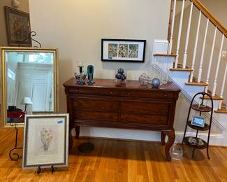 Sideboard, glass decor, muffin stand, mirror