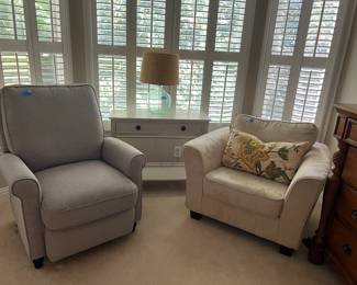 Club chair, recliner, side table, lamp
