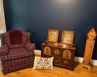 Club chair, Pennsylvania Dutch painted chest, misc