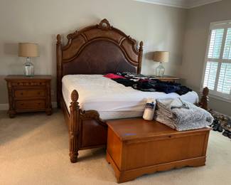 King size bedroom by Forbidden City, bed, side tables, side tables, dresser and mirror. Lane cedar chest, lamps