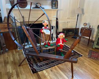 Antique spinning wheel from New England, primitives, rugs