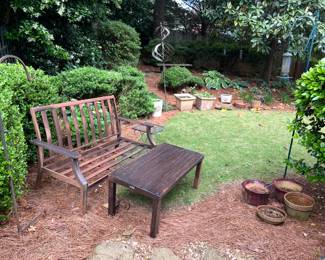 Patio settee, table, planters, shepherd’s hooks, decorative garden stake