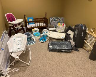 Baby items, high chair, seats, bassinets, pack and play, gates, bed rails