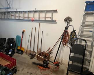 Misc garage, yard tools, ladders