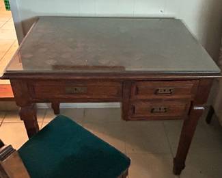Three Draw Oak Desk with Parquet Top. Chairi ncluded