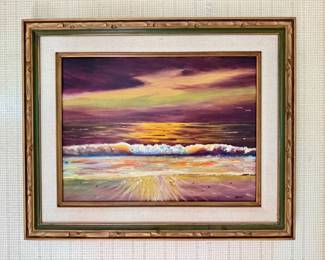 33 SignedMRNewellSunsetSeascapeOilPaintingOakHarborWA