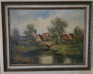 73 VintageFramedEuropeanVillageLandscapeOilPaintingonCanvas