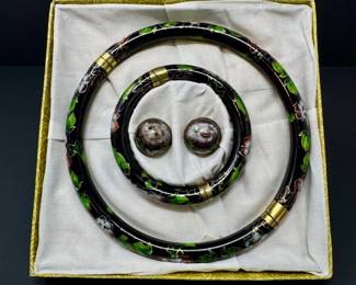 42 VintageChineseCloisonnChokerBraceletClipOnEarringSet