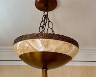 36 VintageHangingBowlLightwOrnateTrimMarbledGlassShade