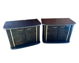 93 VintagePerdueBlackLacquerNightstandswGoldTrim90sPair