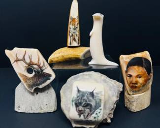 77 ScrimshawBoneCarvingsLotSignedInuitWildlifeArtifacts