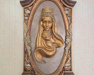22 MadonnaChildFramedReligiousReliefwSculptedOrnateFrame