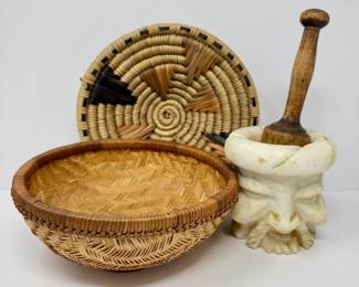56 CarvedStoneMortarWoodenPestle2WovenBaskets