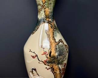 17 HandPaintedChineseVaseCranePineMotifSignedBase