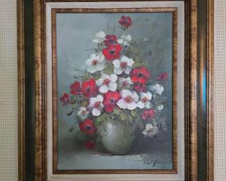 68 FloralStillLifeOilPaintingSignedPaulJamesRedWhiteBlooms