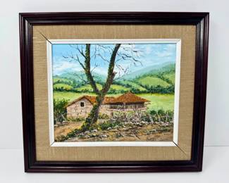 66 FramedCountrysideScenewRusticStructureBareTreeSigned