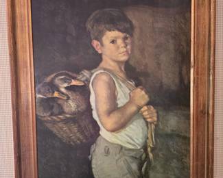 100 1946LuisGarcaOliverPaintingBoywBasketofGeeseSigned