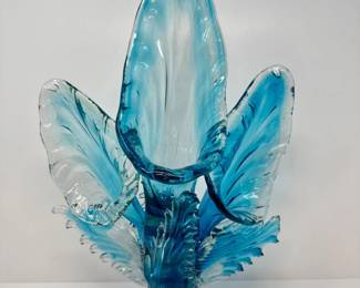 6 HandBlownBlueArtGlassFlowerSculpturewLeafWaveMotif