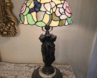 21 TiffanyStyleStainedGlassRoseButterflyLampwFiguralBase