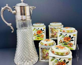 9 5DaherFloralTinBoxesDiamondPointGlassSilverplateCarafe