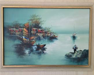 60 FramedHarborSceneOilPaintingwBoatsFiguresSignedbyArtist
